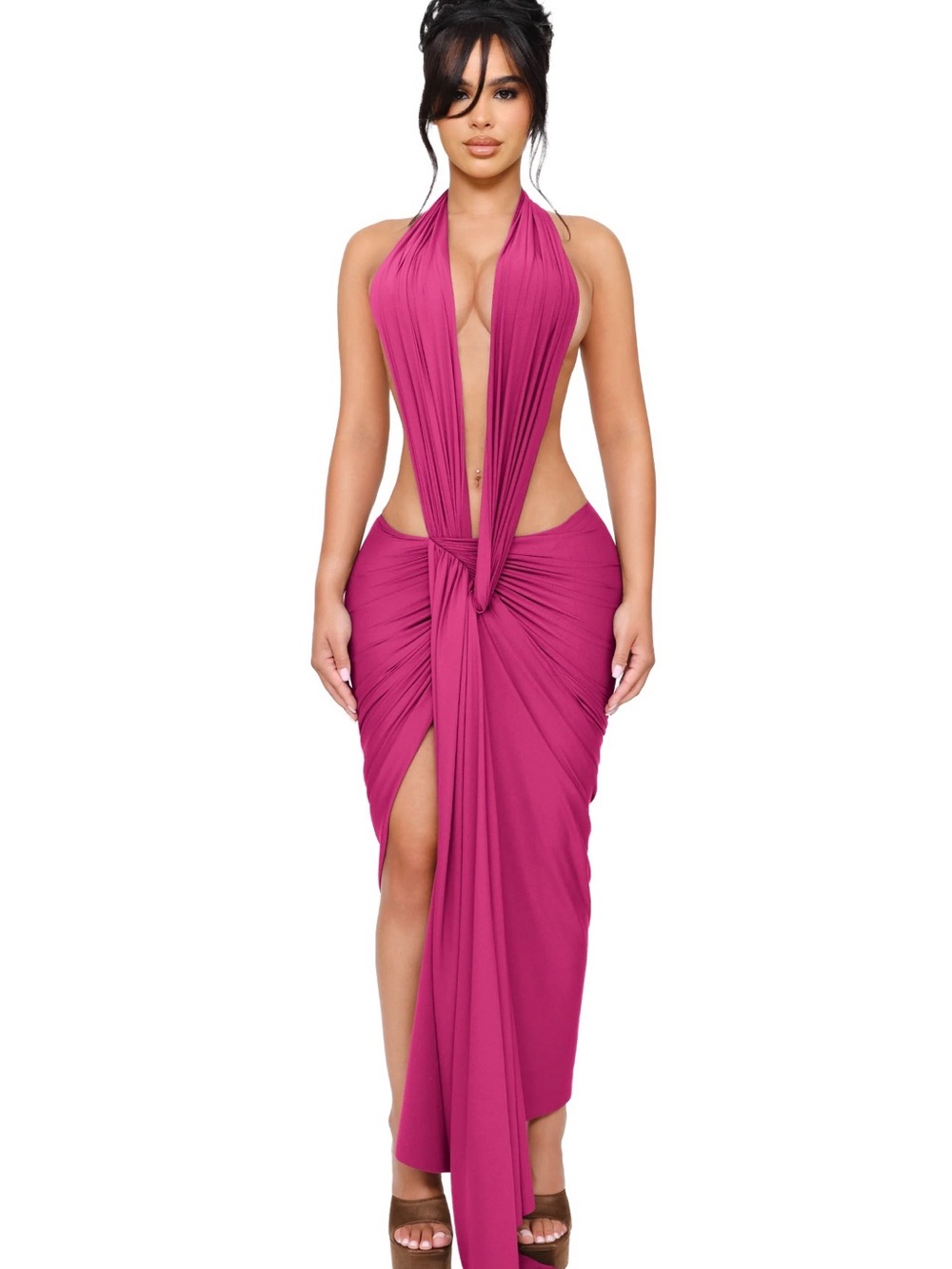 Hot Pink Halter Tie Front Maxi Dress
